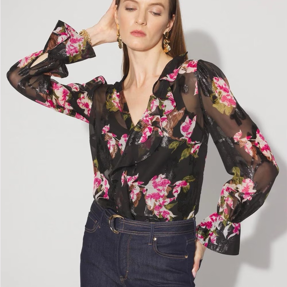 White House Black Market Sheer Floral Blouse - Black and Pink